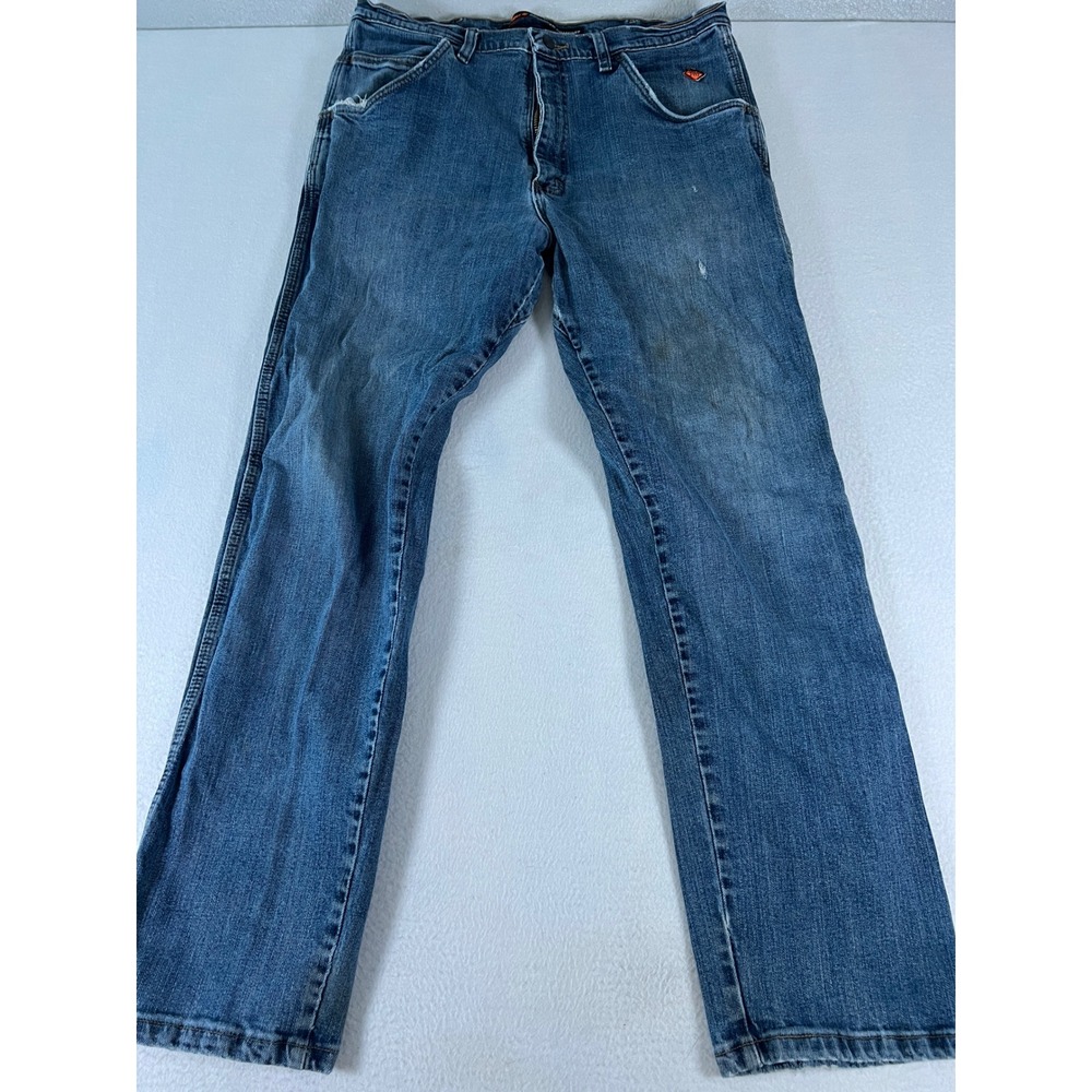 Wrangler FR Jeans Mens 36x32 Blue Good Distressed Flame Resistant Workwear Pants